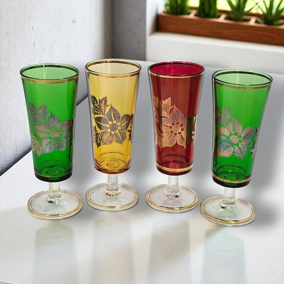 Set of 4 Vintage Footed Collins Glasses Mid-Century Libbey Style Gold Floral Red - Picture 1 of 11